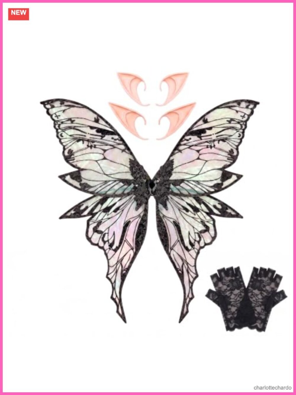 Oversized Fairy Wings Organza Elf Ears Lace Gloves Cosplay Set